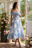 Blue Floral Off the Shoulder Corset A Line Wedding Guest Dress