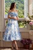 Blue Floral Off the Shoulder Corset A Line Wedding Guest Dress