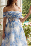 Blue Floral Off the Shoulder Corset A Line Wedding Guest Dress