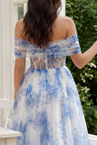 Blue Floral Off the Shoulder Corset A Line Wedding Guest Dress
