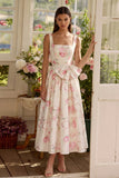 White Floral Square Neck A Line Bowed Wedding Guest Dress
