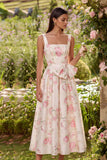 White Floral Square Neck A Line Bowed Wedding Guest Dress