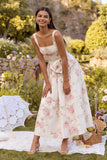 White Floral Square Neck A Line Bowed Wedding Guest Dress