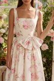 White Floral Square Neck A Line Bowed Wedding Guest Dress