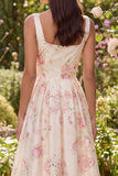 White Floral Square Neck A Line Bowed Wedding Guest Dress