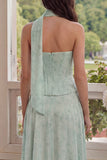 3 Piece Strapless Corset Dusty Sage Floral Wedding Guest Dress