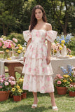 White Floral Off the Shoulder Tiered Wedding Guest Dress