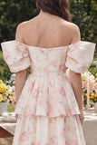 White Floral Off the Shoulder Tiered Wedding Guest Dress