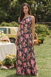A Line Asymmetrical Neck Pink Floral Wedding Guest Dress