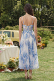 Blue Floral Corset A Line Midi Wedding Guest Dress