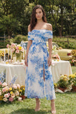 Off the Shoulder Ruched Blue Floral A Line Wedding Guest Dress