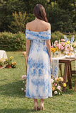 Off the Shoulder Ruched Blue Floral A Line Wedding Guest Dress
