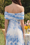 Off the Shoulder Ruched Blue Floral A Line Wedding Guest Dress