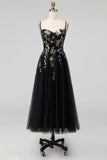 Black Embroidered Tulle A Line Midi Wedding Guest Dress