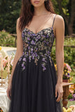 Black Embroidered Tulle A Line Midi Wedding Guest Dress
