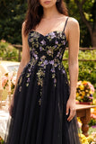 Black Embroidered Tulle A Line Midi Wedding Guest Dress