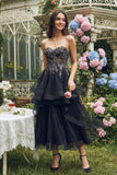 Black Embroidered Strapless A Line Wedding Guest Dress