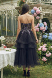 Black Embroidered Strapless A Line Wedding Guest Dress