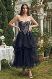 Black Embroidered Strapless A Line Wedding Guest Dress