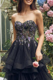 Black Embroidered Strapless A Line Wedding Guest Dress