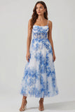 Blue Floral Ruched Corset A Line Wedding Guest Dress