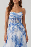Blue Floral Ruched Corset A Line Wedding Guest Dress