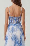 Blue Floral Ruched Corset A Line Wedding Guest Dress