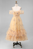 Off the Shoulder Yellow Floral Ruched A Line Wedding Guest Dress