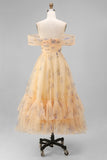 Off the Shoulder Yellow Floral Ruched A Line Wedding Guest Dress