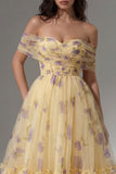 Off the Shoulder Yellow Floral Ruched A Line Wedding Guest Dress
