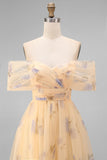 Off the Shoulder Yellow Floral Ruched A Line Wedding Guest Dress