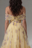 Off the Shoulder Yellow Floral Ruched A Line Wedding Guest Dress