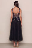 Black Appliqued Sequin Tulle A Line Wedding Guest Dress