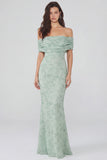 Floral Mermaid Off the Shoulder Dusty Sage Wedding Guest Dress