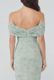 Floral Mermaid Off the Shoulder Dusty Sage Wedding Guest Dress