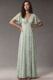 Floral A Line V Neck Dusty Sage Maxi Wedding Guest Dress