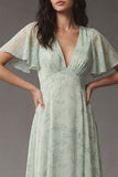 Floral A Line V Neck Dusty Sage Maxi Wedding Guest Dress