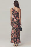One Shoulder Pink Floral Maxi Wedding Guest Dress
