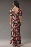 Pink Floral Flutter Sleeve V Neck Wedding Guest Dress