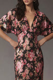 Pink Floral Flutter Sleeve V Neck Wedding Guest Dress