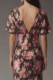 Pink Floral Flutter Sleeve V Neck Wedding Guest Dress