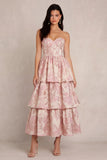 Tiered Strapless Blush Floral Brocade Wedding Guest Dress
