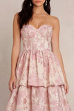 Tiered Strapless Blush Floral Brocade Wedding Guest Dress