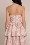 Tiered Strapless Blush Floral Brocade Wedding Guest Dress