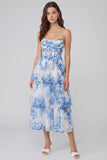 Blue Floral Strapless Corset Tiered Wedding Guest Dress