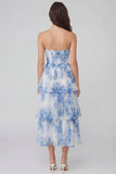 Blue Floral Strapless Corset Tiered Wedding Guest Dress