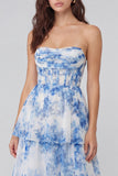 Blue Floral Strapless Corset Tiered Wedding Guest Dress