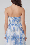 Blue Floral Strapless Corset Tiered Wedding Guest Dress