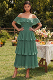 Off the Shoulder Tiered Eucalyptus Ruffled Wedding Guest Dress