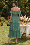 Off the Shoulder Tiered Eucalyptus Ruffled Wedding Guest Dress